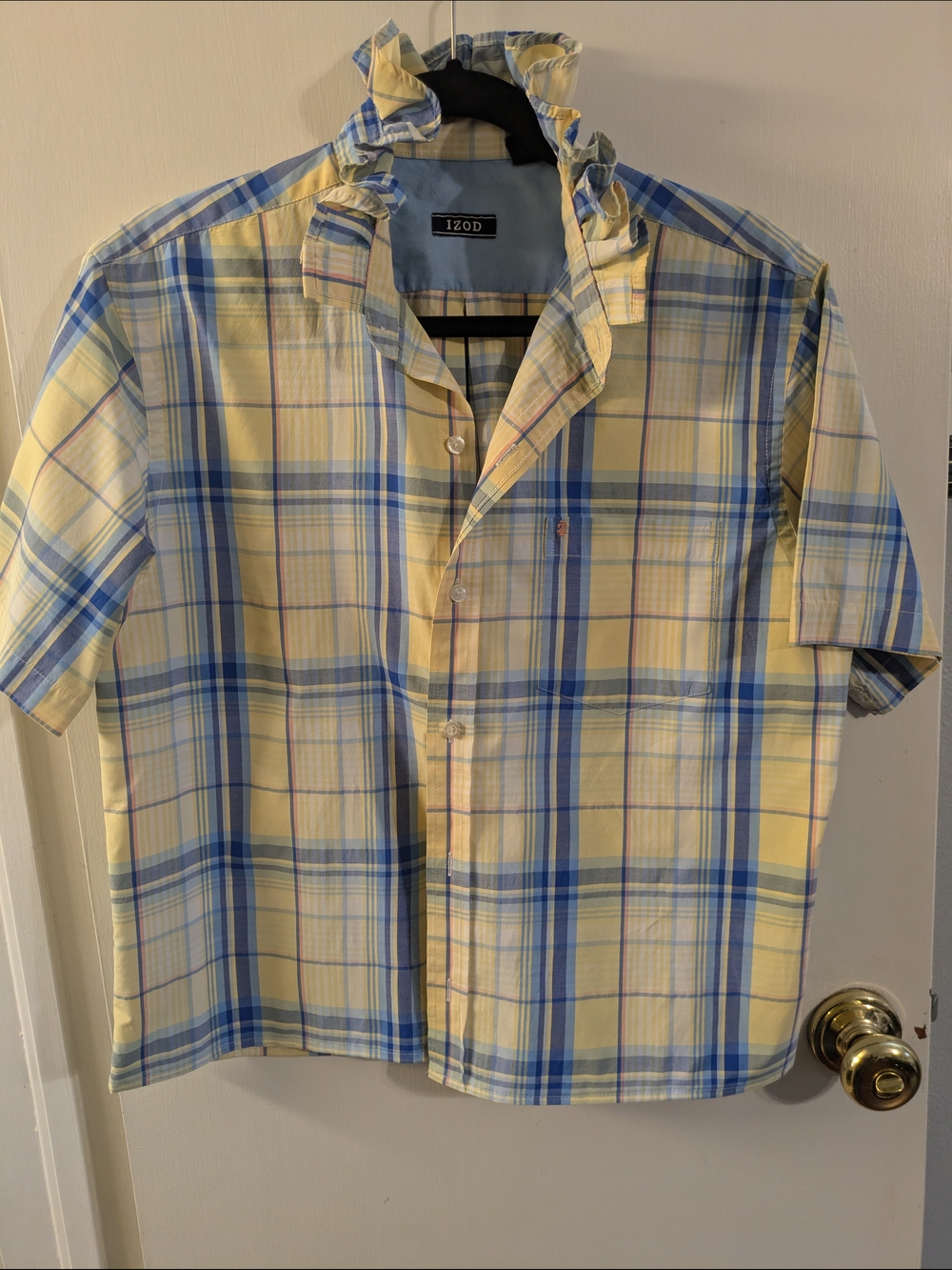 Upcycled Izod Short Sleeve Plaid Button-Down Shirt - Yellow & Blue